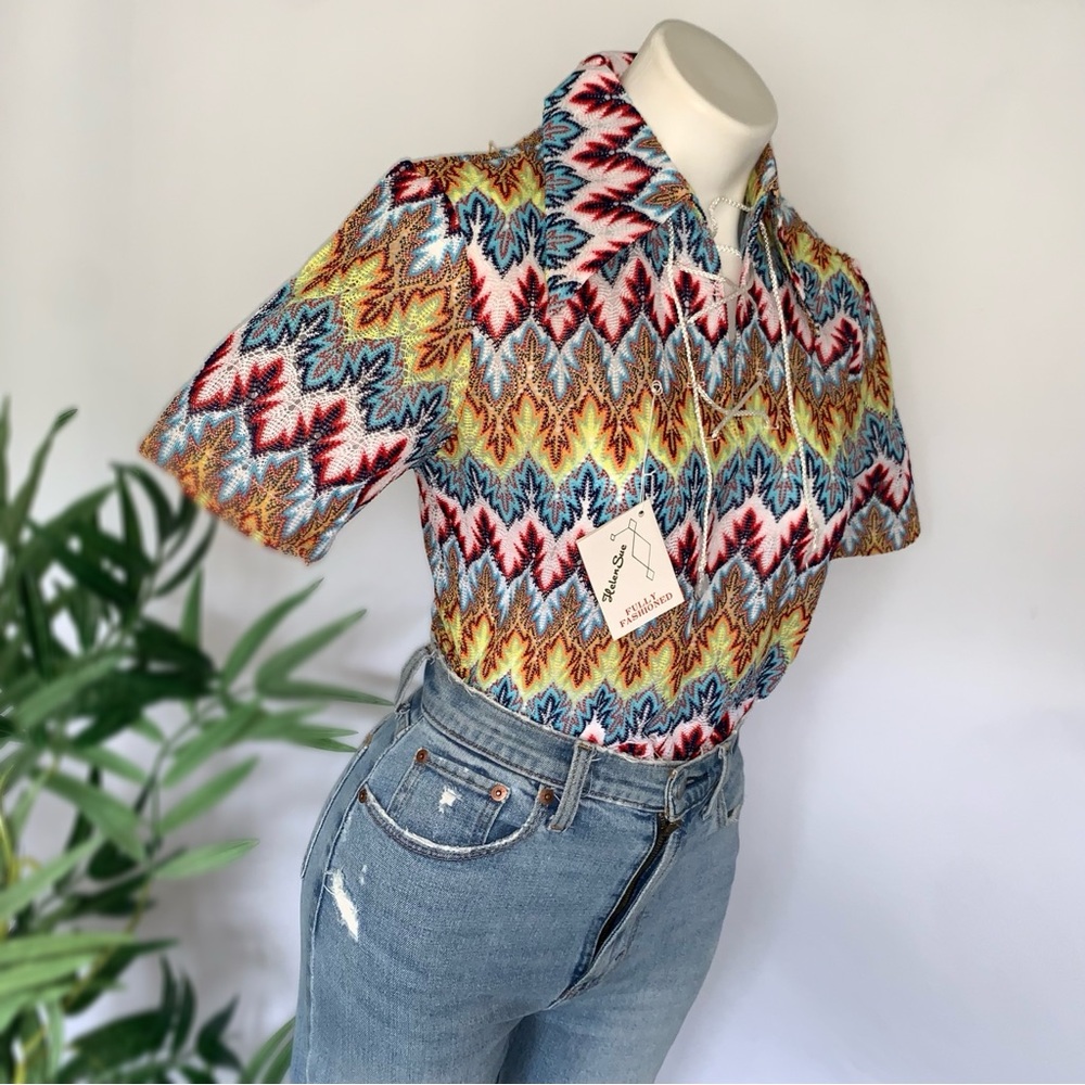 Deadstock 60s! Vintage Mod Dagger Collar Flame Crochet Knit Top - Picture 11 of 13